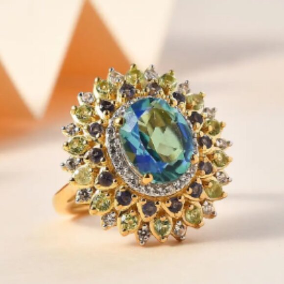Peacock Quartz (Triplet) and Multi Gemstone Dahlia Floral Ring - Picture 3 of 6